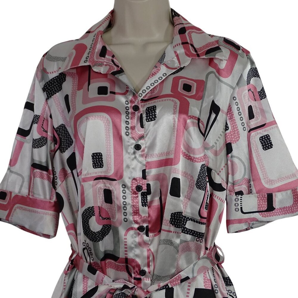 Cato Retro Print Satin Look Button Up Top Women Size 14W 16W Belted FLAW - Picture 2 of 11